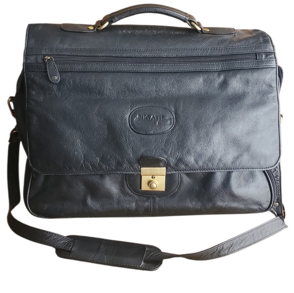 Bugatti Black Leather Vintage Bugatti Briefcase Laptop Crossbody Shoulder Bag